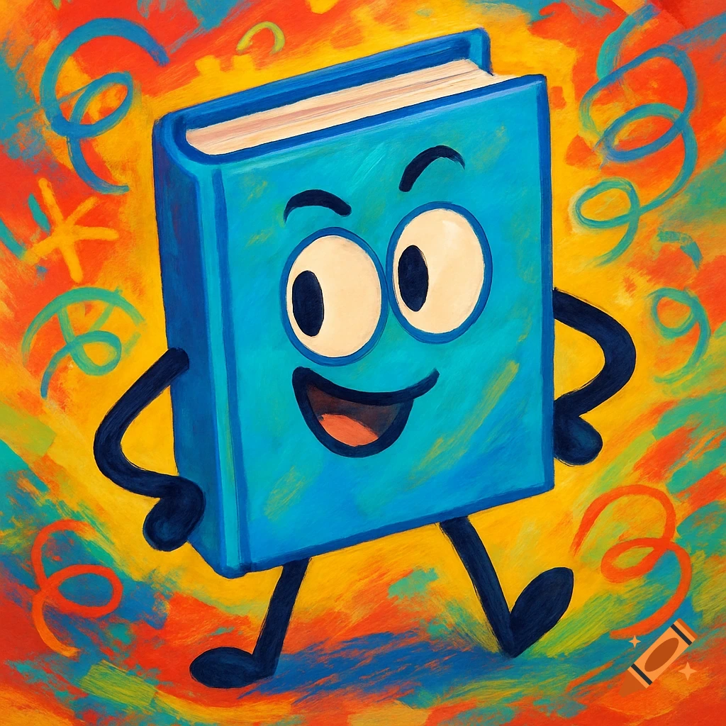 A joyful blue anthropomorphic book with arms, legs, and a wide smile, walks against a vibrant, abstract background.
