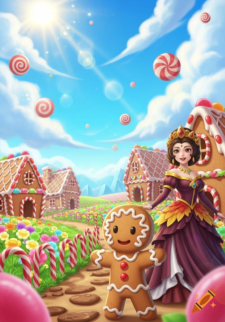 Cartoon illustration of a princess and a gingerbread man walking through a sunny candy land with gingerbread houses and lollipop trees.