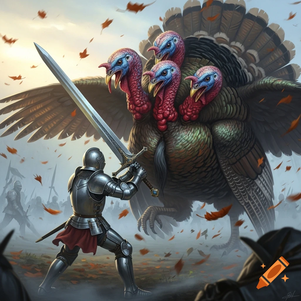 A knight in shining armor wields a sword against a colossal, multi-headed turkey monster on a battlefield with falling autumn leaves.