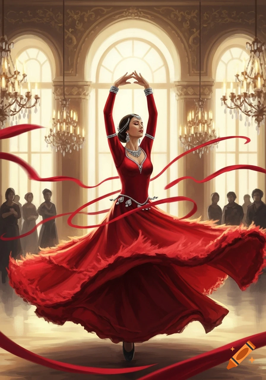 An elegant woman in a flowing red dress dances in a grand ballroom with chandeliers.
