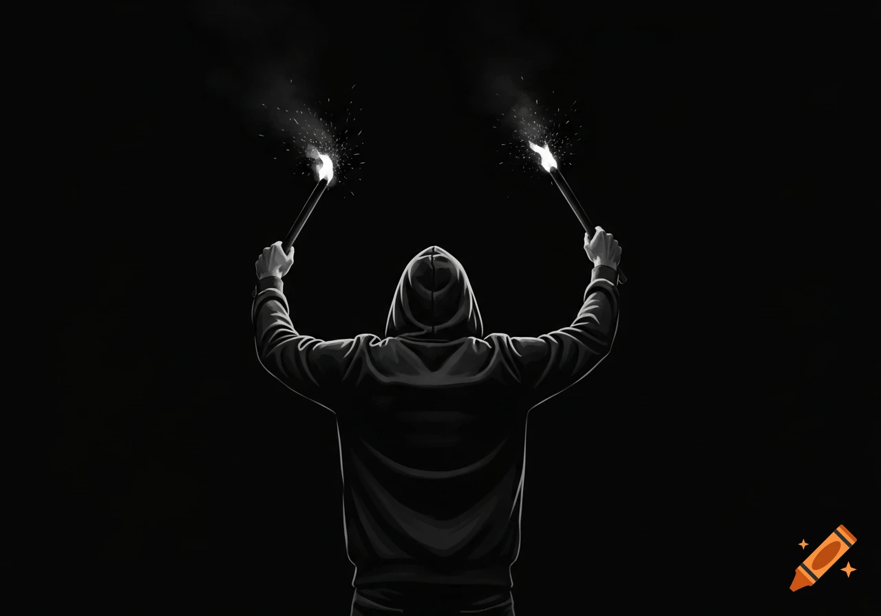 Monochrome illustration of a person in a dark hoodie, viewed from behind, holding two lit torches raised against a black background.