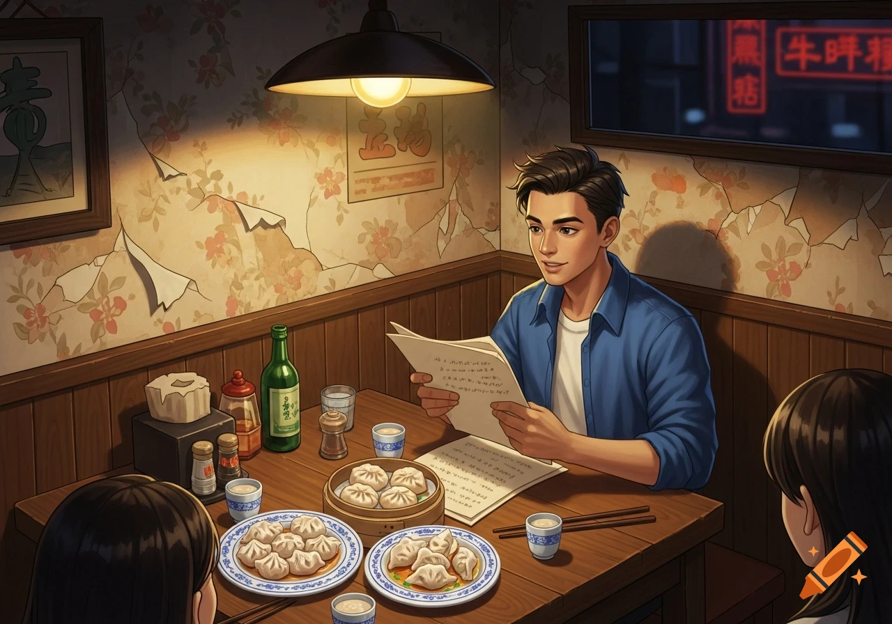 An anime-style illustration of a man reading a paper at a wooden table in a retro restaurant, surrounded by plates of dumplings and other diners.