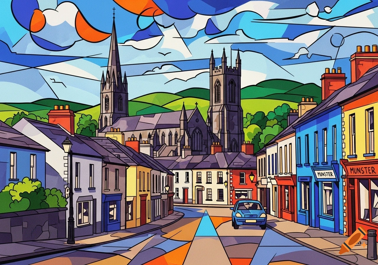 A vibrant, cubist-style painting of a European street scene with colorful buildings, a blue car, and prominent churches in the background.