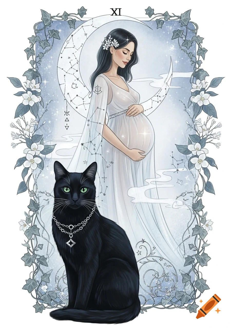 Stylized illustration of a pregnant woman in a white gown under a crescent moon, with a black cat wearing a silver necklace in the foreground.