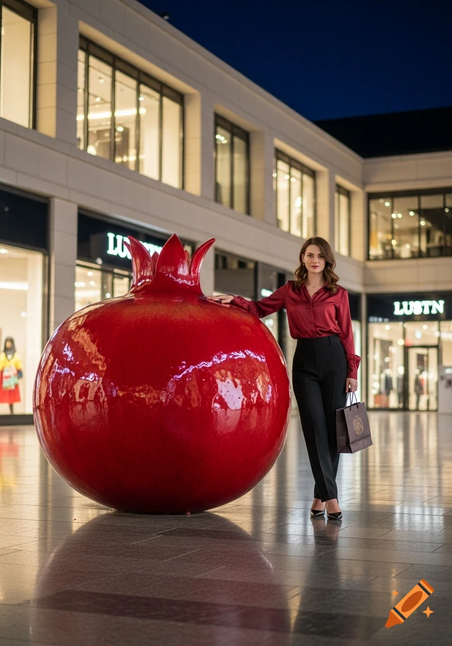 A woman in a burgundy blouse and black pants stands beside a large red pomegranate sculpture in a luxury shopping mall at night.