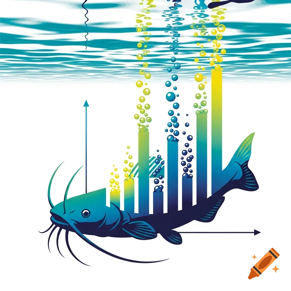 A stylized blue catfish underwater, depicted as a bar chart with green and yellow bars transforming into bubbles.