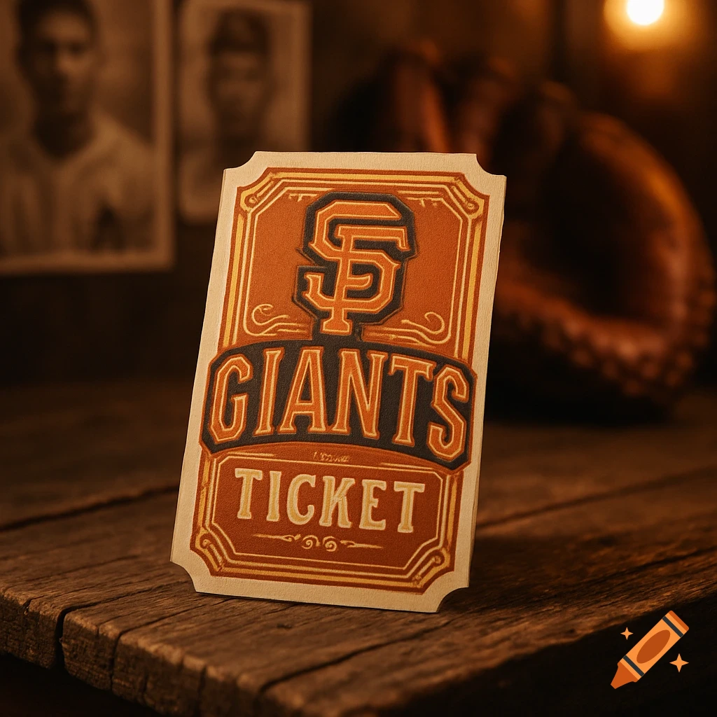 A vintage-style SF Giants baseball ticket rests on a rustic wooden table, with blurred framed photos and a baseball glove in the background.