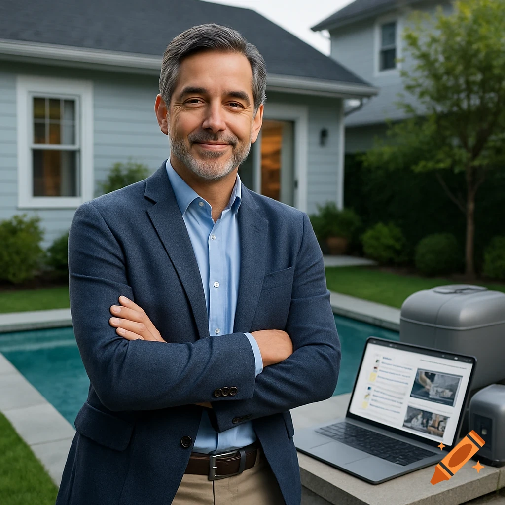 A smiling man in a blue jacket and khaki pants stands with crossed arms in a modern backyard with a pool and laptop.