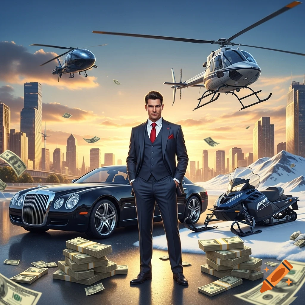A wealthy man in a suit stands among luxury cars, helicopters, a snowmobile, and piles of money in a city setting at sunset.