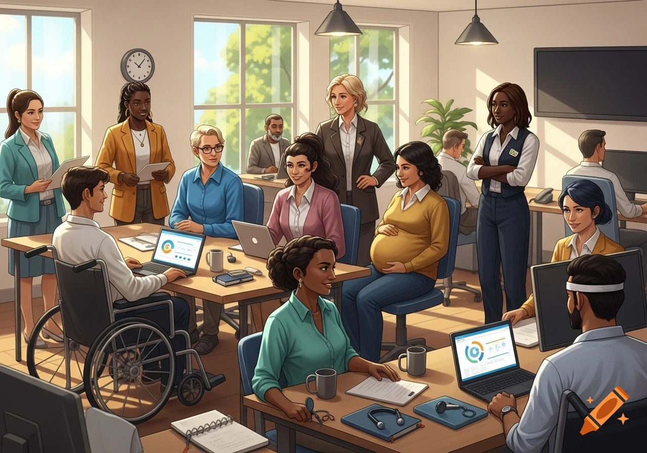 A diverse, inclusive team meets in a bright office. People of various ages, ethnicities, and abilities, including a pregnant woman and a person in a wheelchair, collaborate around tables with laptops, in a friendly, cartoon-like style.
