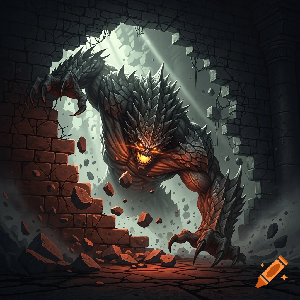 A monstrous, spiky-skinned creature with glowing red eyes and sharp teeth breaks through a brick wall, sending debris flying.