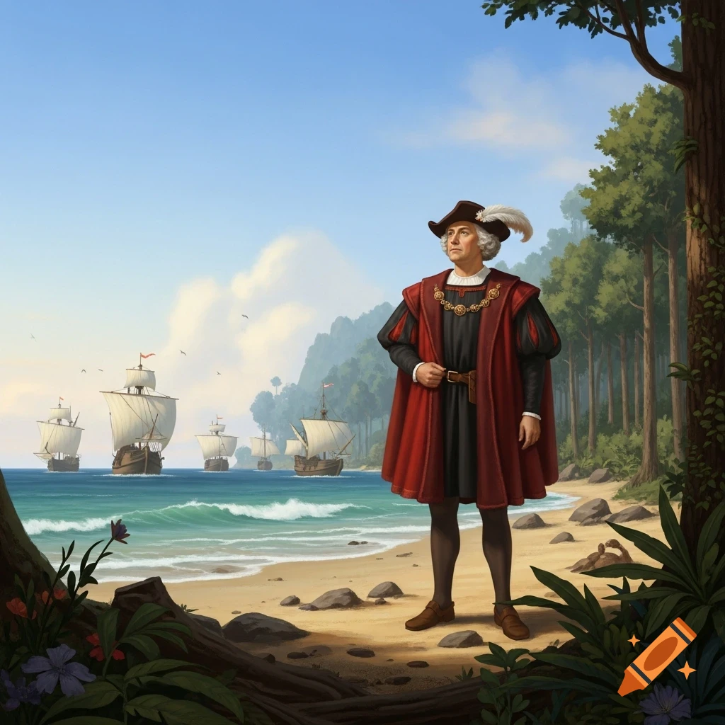 An illustration of Christopher Columbus in 15th-century attire standing on a tropical beach, looking at several sailing ships in the ocean.