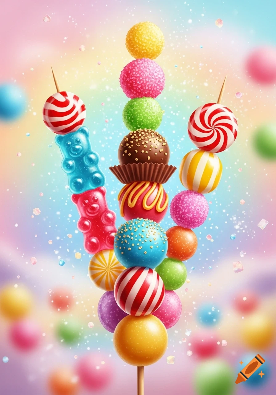 A colorful candy skewer with gummy bears, lollipops, and various bonbons on a rainbow background with sparkles.
