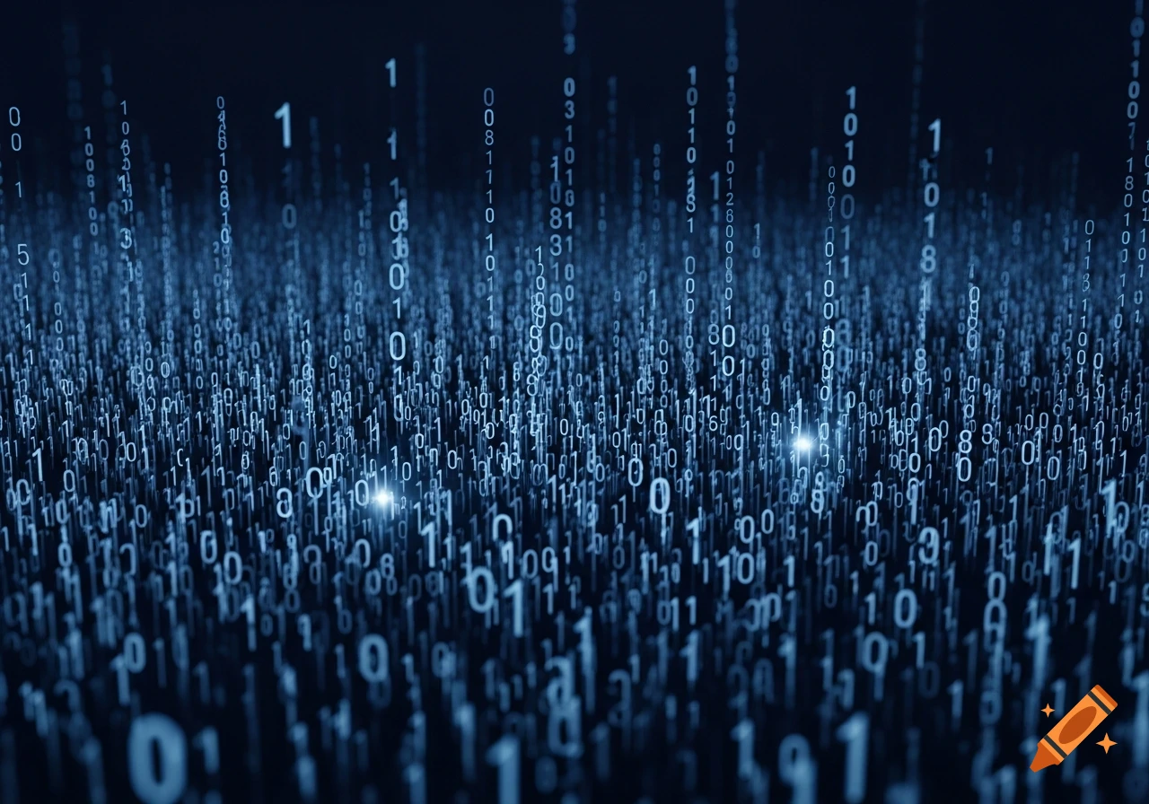 Blue binary numbers (0s and 1s) falling or rising against a dark background, creating a digital matrix effect.
