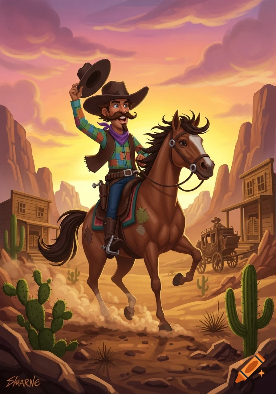A joyful cartoon cowboy with a mustache rides a horse through a desert landscape, waving his hat at sunset.