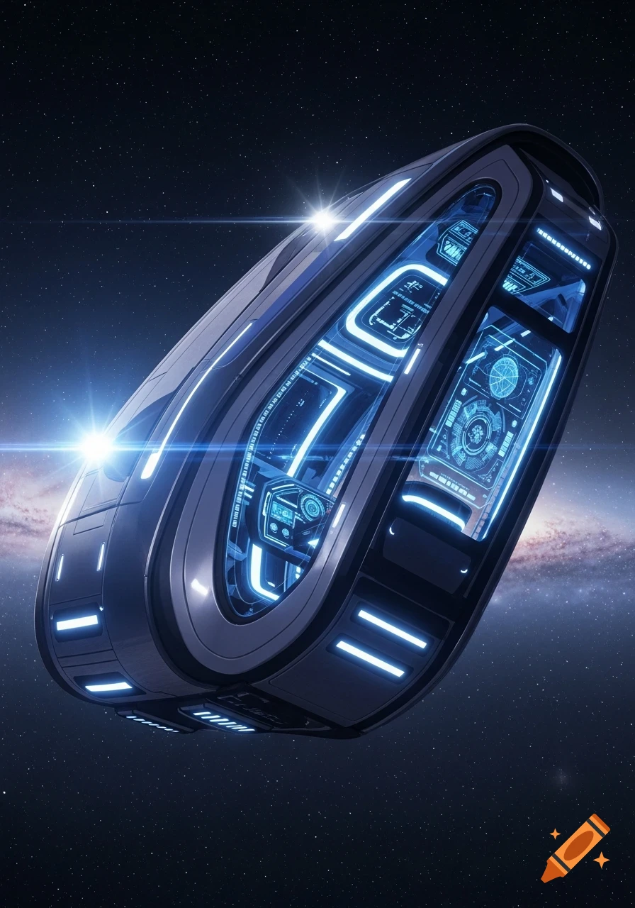 A futuristic, sleek, grey and white spaceship with glowing blue interior lights and panels floats in dark space with stars and a galaxy.