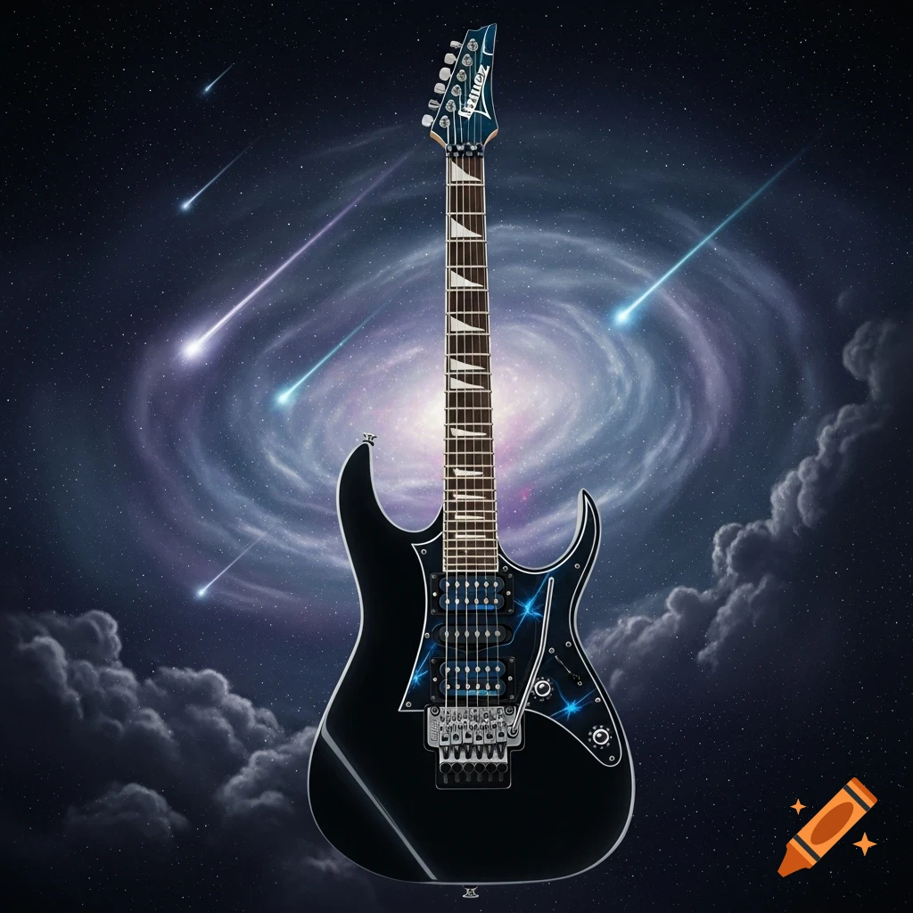 A black electric guitar with a blue headstock featuring the 'Ibanez' logo, set against a vibrant starry galaxy background with shooting stars and dark clouds.