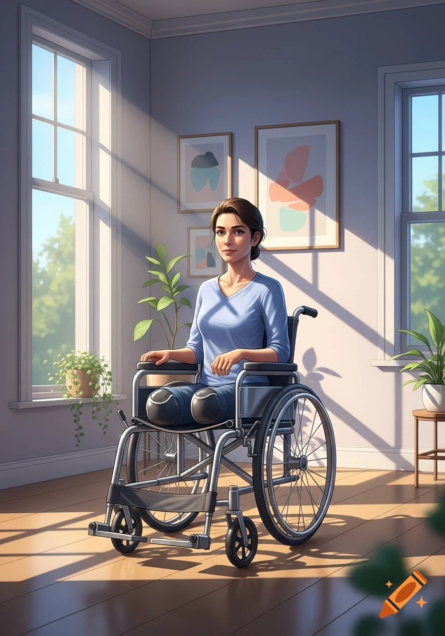 A woman with amputated lower legs sits in a wheelchair in a sunlit room with plants and abstract art, in a photorealistic style.