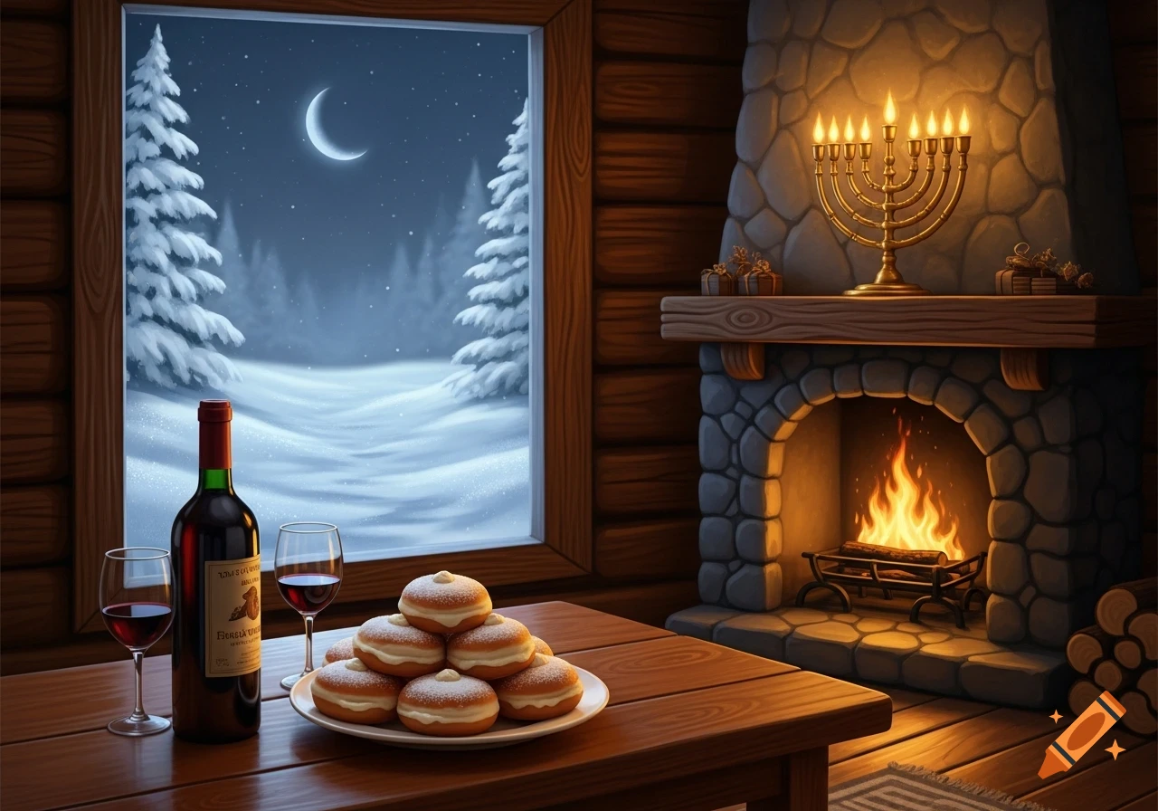 Cozy cabin interior showing a lit menorah on a fireplace, a snowy winter scene outside a window, and a table with wine and sufganiot.