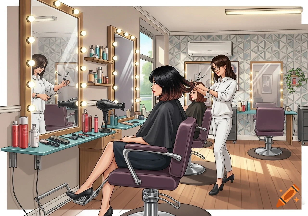 An illustration of a hairdresser cutting a client's hair in a brightly lit salon with mirrors and styling products.