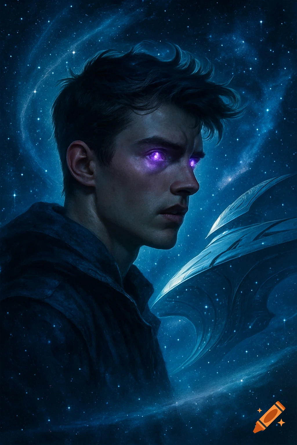 A young man with glowing purple eyes and dark hair looks intently to ...