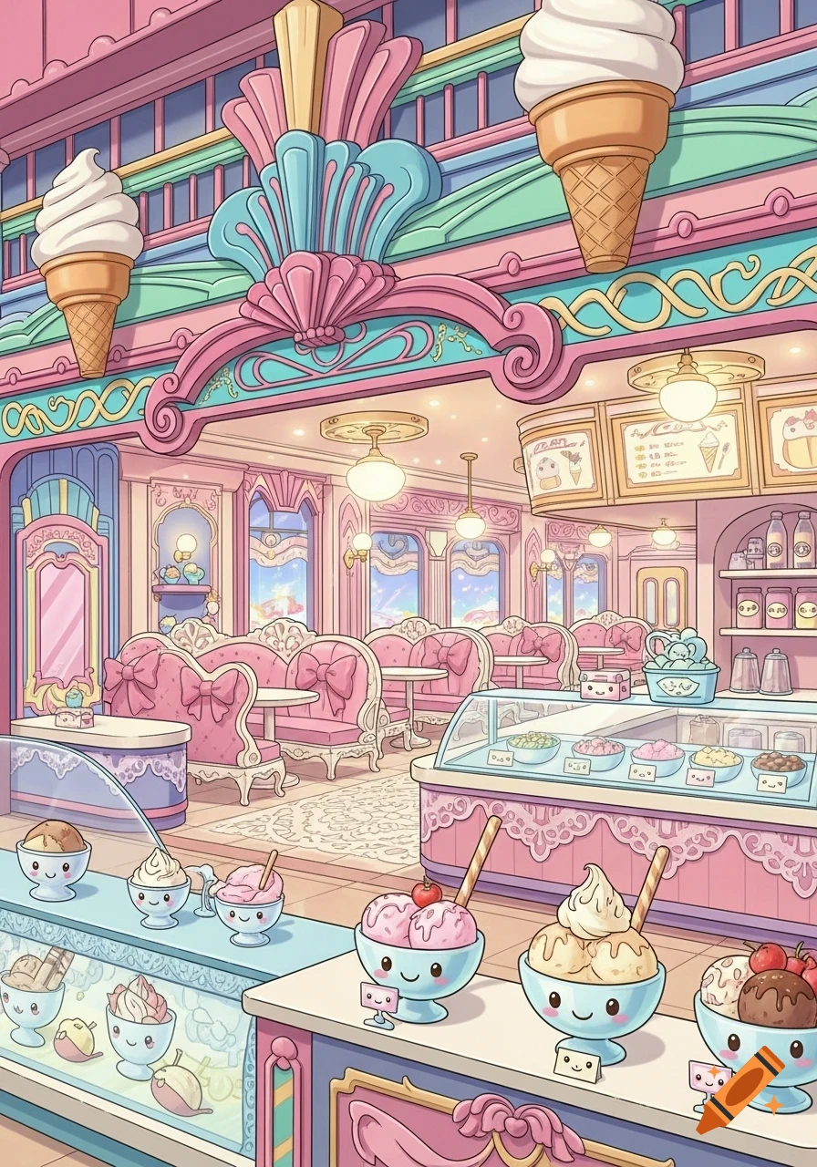 A charming pastel pink and blue ice cream parlor in 1920s and kawaii style, featuring cute sundaes with faces.
