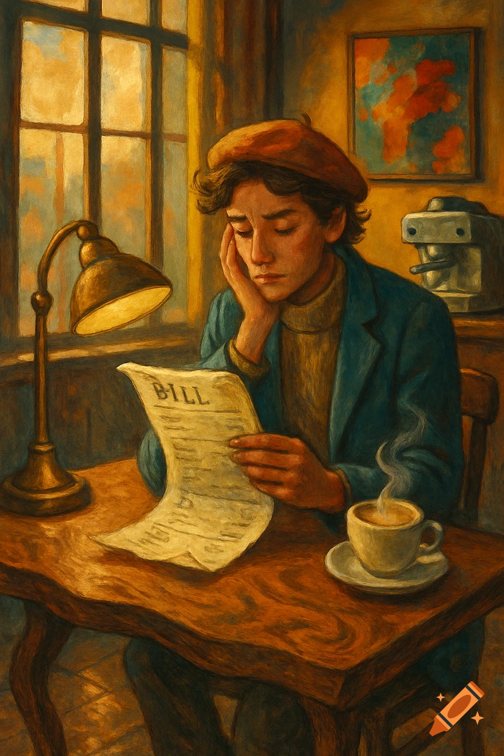 Painterly image of a person in a beret reading a bill at a table, with a lamp, coffee, and a window in warm light.