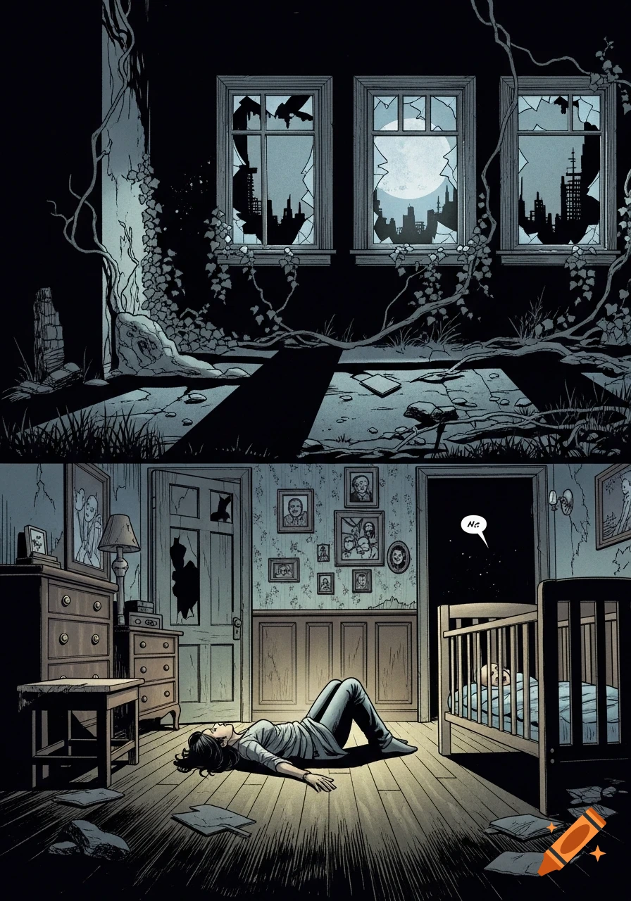 A comic book panel showing a woman lying on the floor of a derelict room with a crying baby in a crib, broken windows reveal a city skyline.