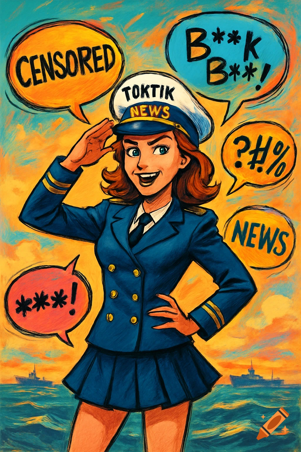 A smiling comic character in a blue sailor uniform and hat salutes, surrounded by speech bubbles with censored words and 'NEWS' against a vibrant sky.