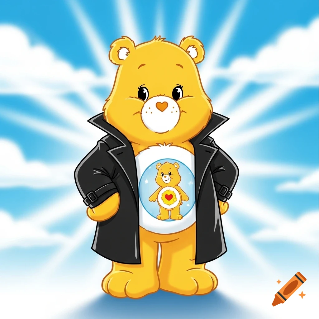 A yellow Care Bear, styled like Morpheus from The Matrix, wears a black trench coat. A smaller yellow Care Bear with a heart is on its belly, set against a blue sky background with sun rays in a cartoon style.