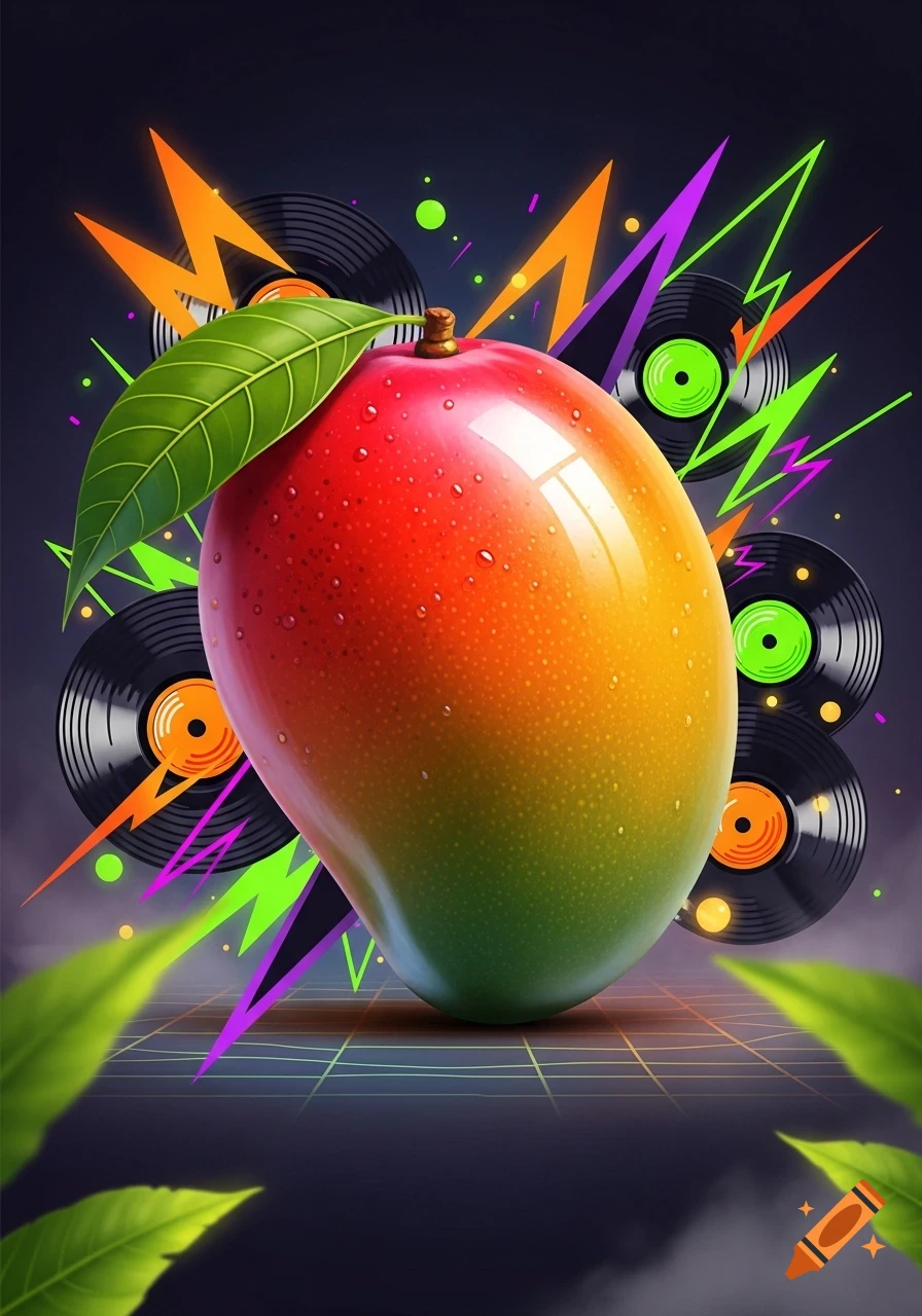 A vibrant, dewy mango with a leaf, set against a dark background with neon lightning, vinyl records, and a retro-futuristic grid.