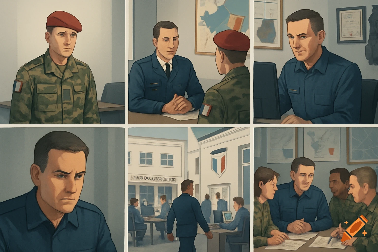 A six-panel comic strip in a semi-realistic modern style showing French ...