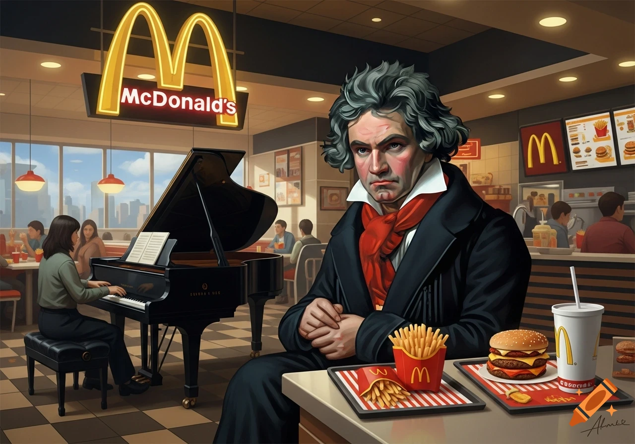 A cartoon illustration of Beethoven sitting in a McDonald's, looking displeased, with a woman playing a grand piano in the background.