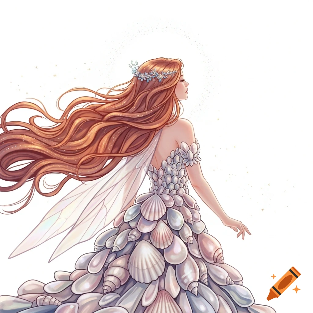 Stylized illustration of a fairy with long copper hair, seashell dress, and delicate wings.