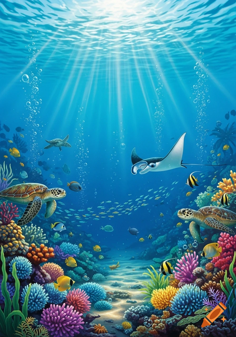 Vibrant underwater scene with colorful coral reefs, two sea turtles, a manta ray, and schools of fish under sunlit water.