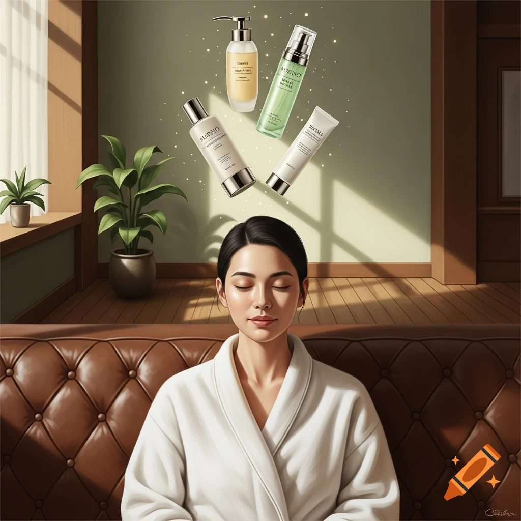 A woman in a white robe meditates on a brown leather sofa as four skincare products float above her head, in a serene room.
