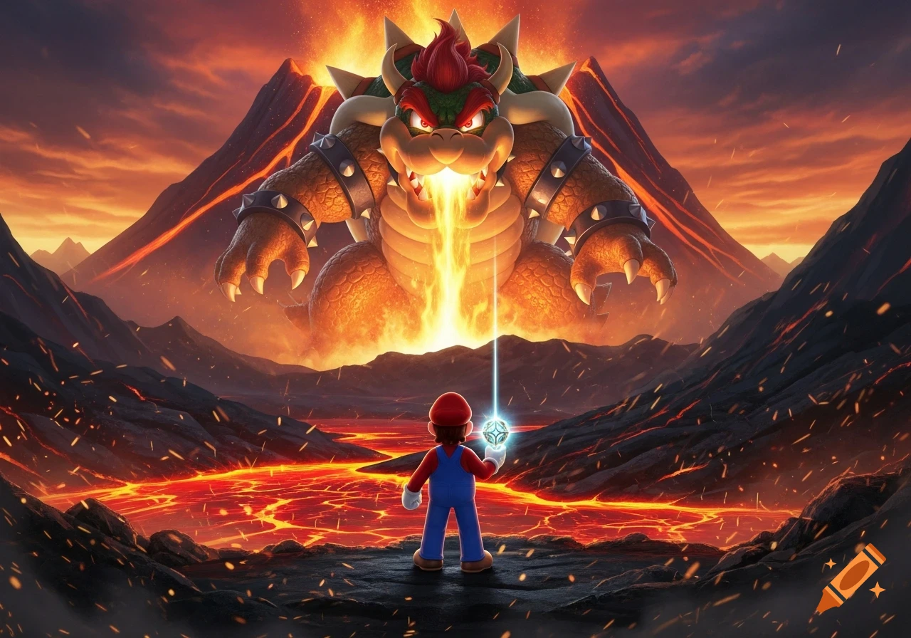 Mario faces a colossal Bowser breathing fire in a dramatic volcanic landscape, holding a glowing orb.