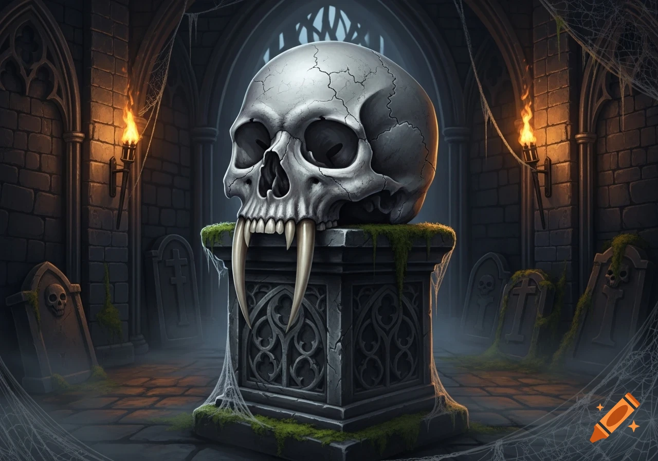 A large, cracked skull with vampire fangs rests on an ornate, moss-covered stone pedestal in a dimly lit gothic crypt.