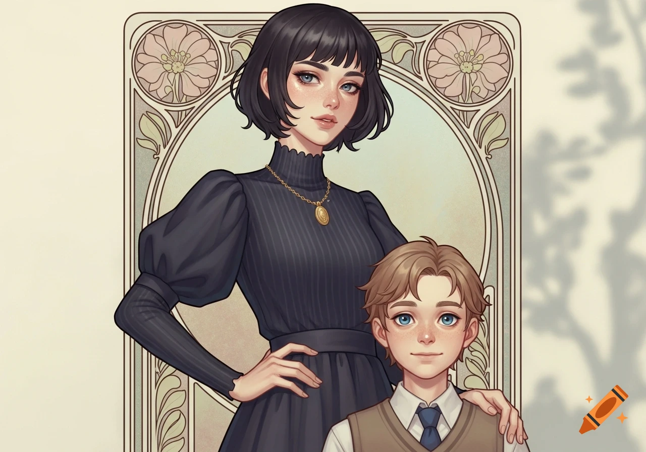An illustration of a woman with dark bobbed hair and a boy with light brown hair, set against an Art Nouveau floral frame.