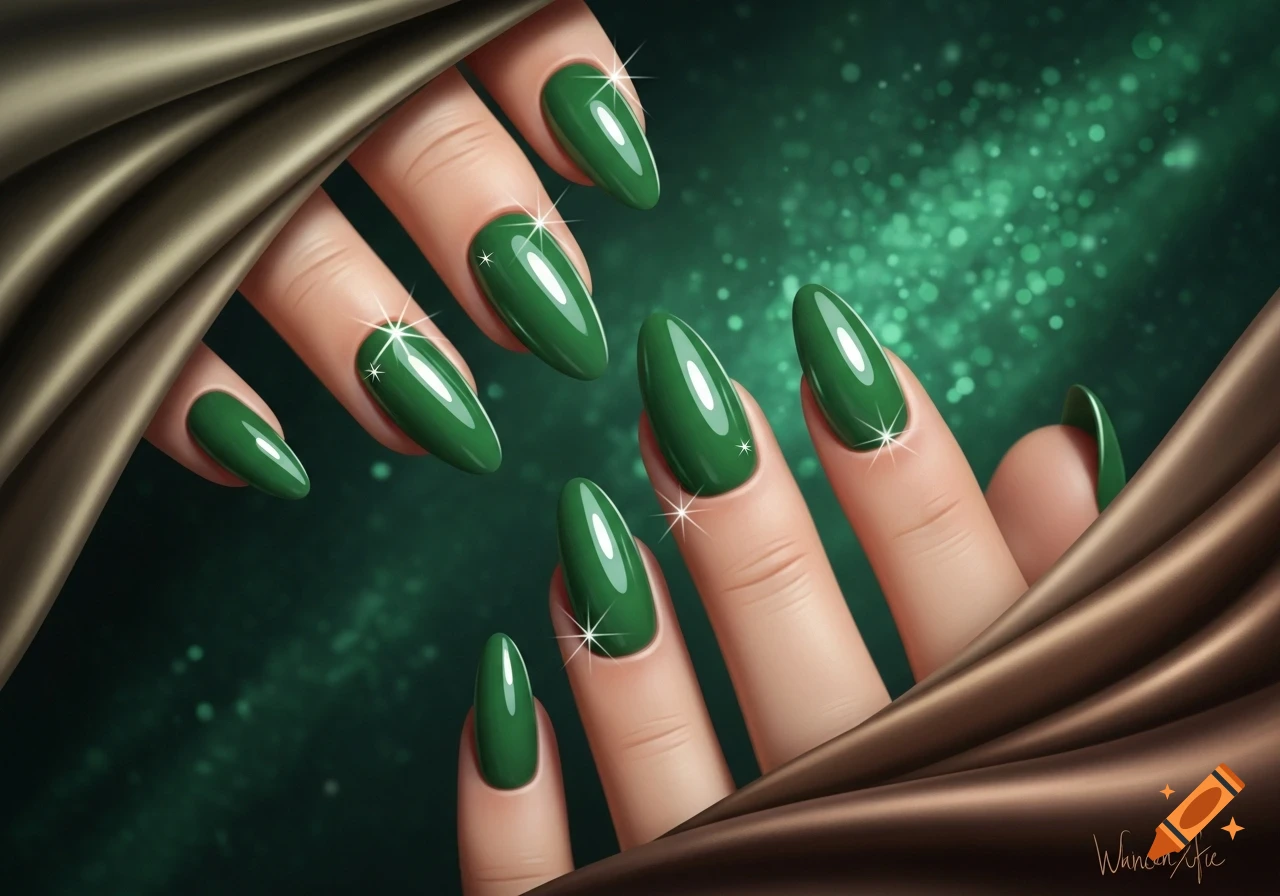 Close-up of hands with glossy, almond-shaped green gel nails, accented with sparkles, against a dark green bokeh background and brown satin fabric.