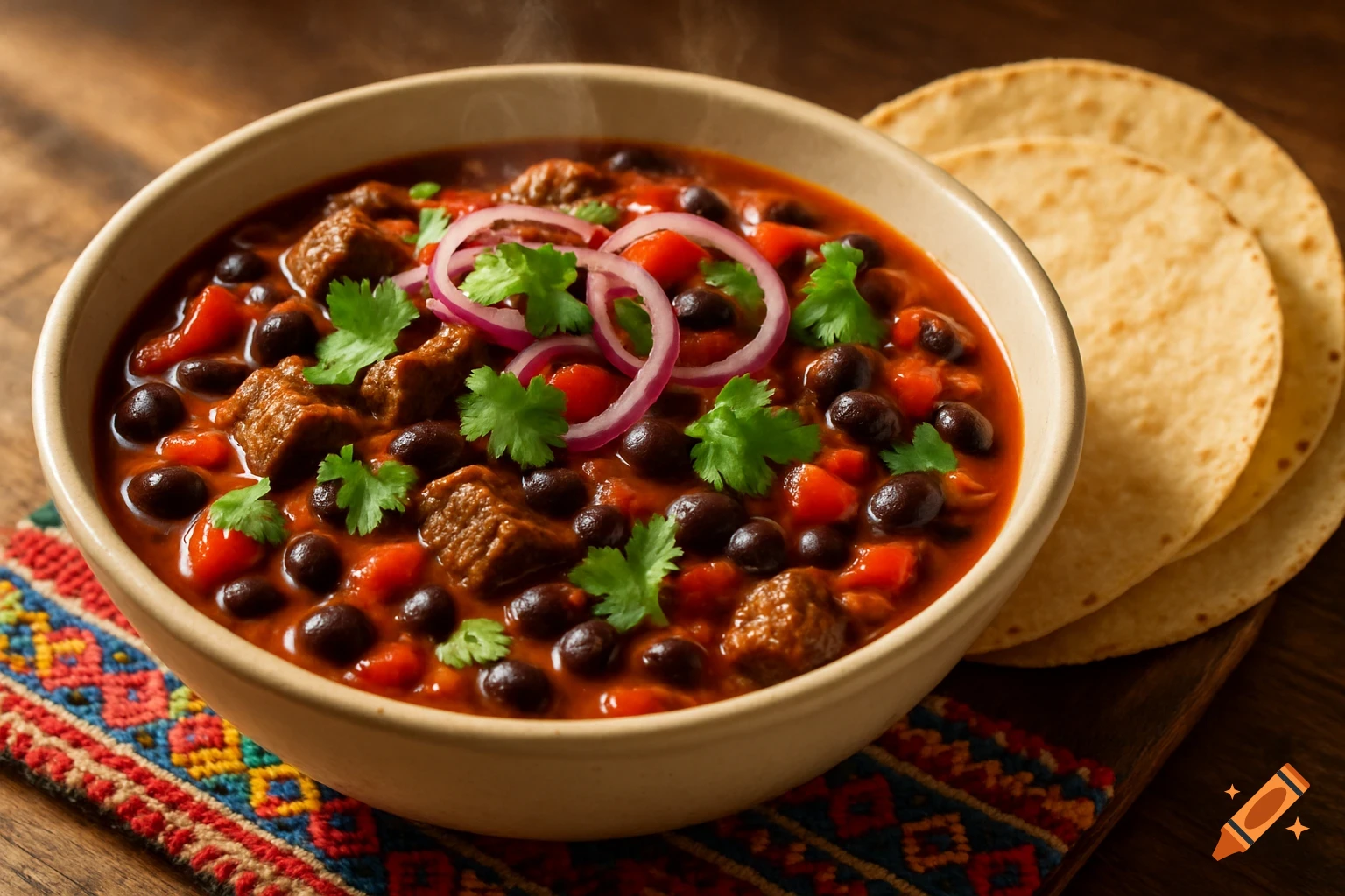A steaming bowl of chili con carne with red onions and cilantro, served with tortillas on a wooden table with a colorful cloth. Photorealistic.