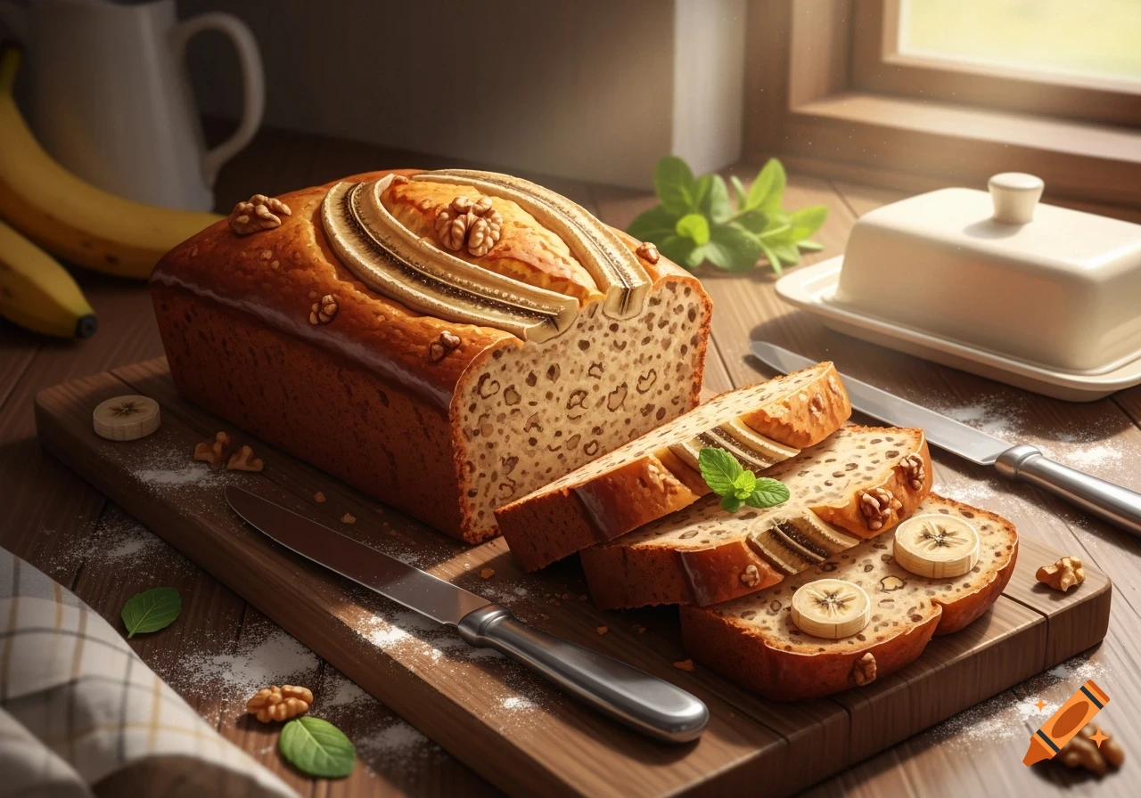 A loaf of sliced banana bread with walnuts and banana slices on a wooden cutting board with a knife and butter dish, bathed in sunlight.