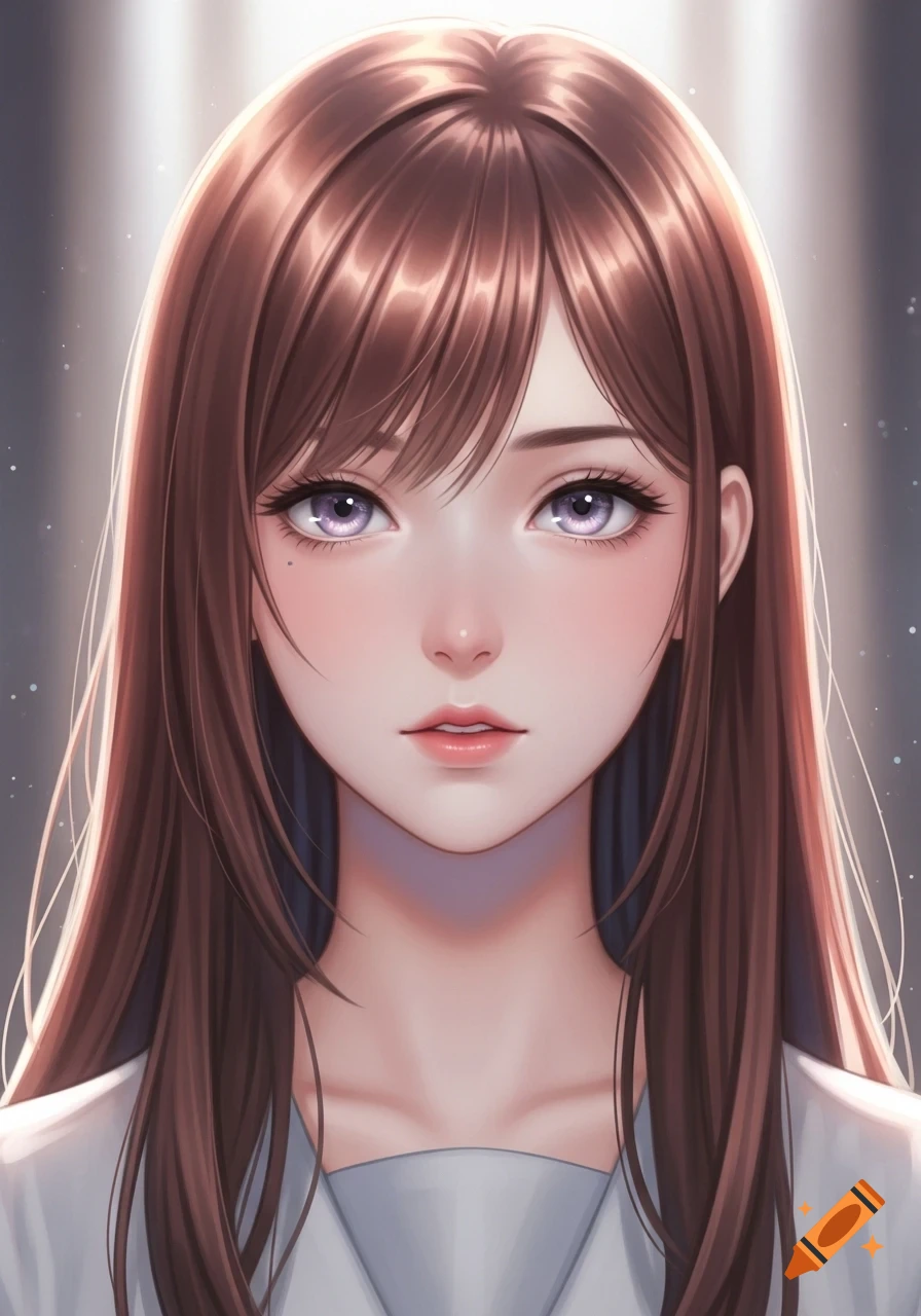 A close-up anime portrait of a girl with long brown hair, purple eyes, and a thoughtful expression, bathed in soft light.