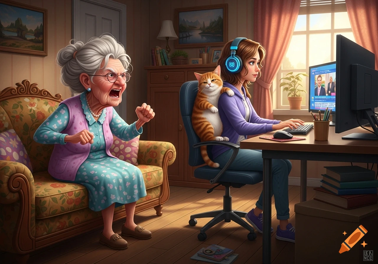 An angry elderly woman yells from a floral couch while a young woman in headphones works at a computer with an orange cat on her shoulder.