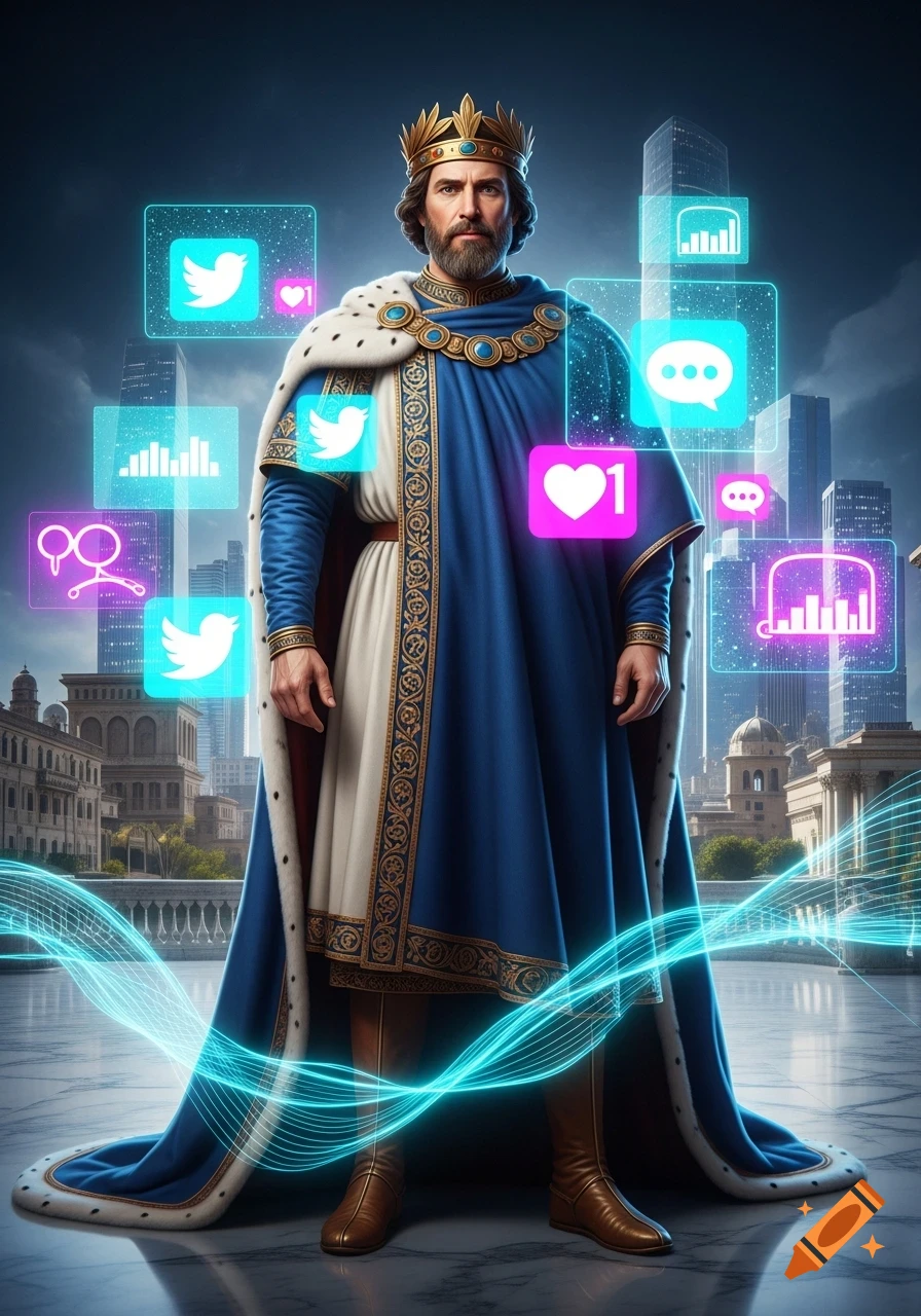 A majestic king in blue and gold robes stands amidst glowing social media icons and digital waves, with a cityscape background.
