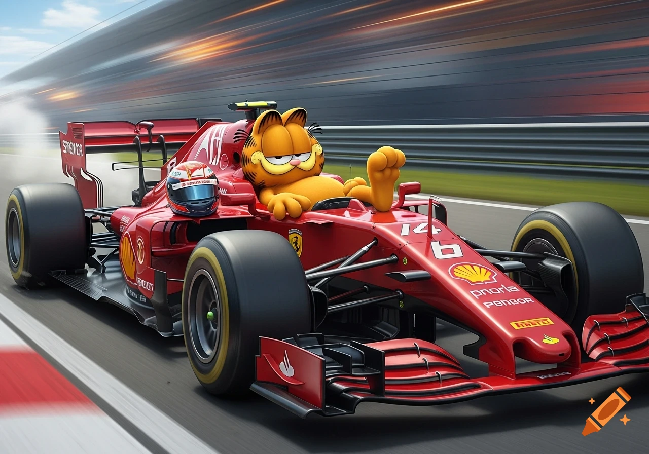 Garfield the cat lounging in the cockpit of a red Formula 1 race car ...
