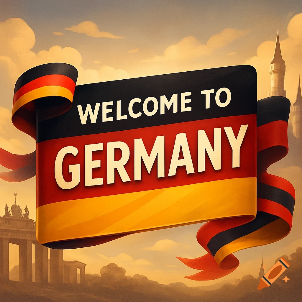 Stylized banner in German flag colors with 'Welcome to Germany' text, set against a sky with clouds and silhouettes of German landmarks.