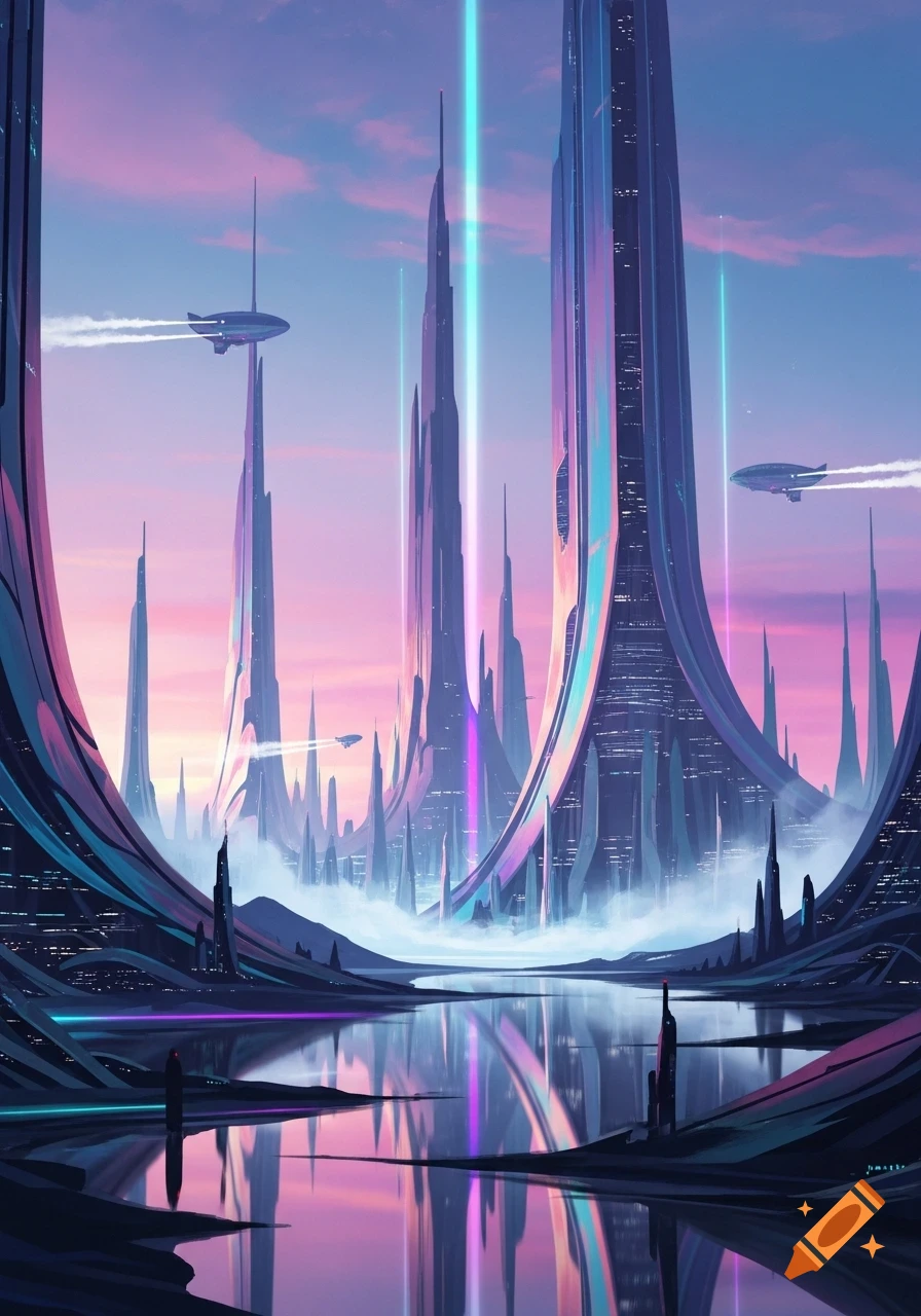 Futuristic cityscape with tall, glowing buildings and flying vehicles ...
