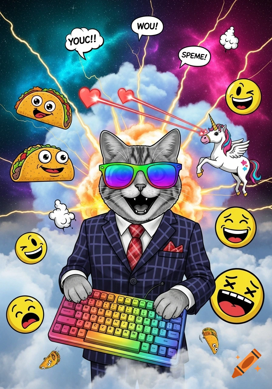 A cool cat in a suit and rainbow sunglasses holds a rainbow keyboard, surrounded by tacos, emojis, a unicorn, and a cosmic explosion.