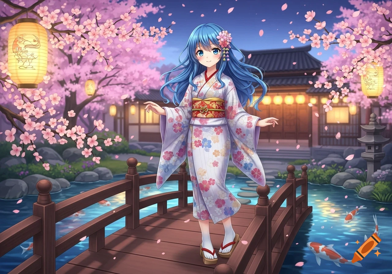 An anime girl with blue hair in a floral kimono stands on a bridge in a Japanese garden with cherry blossoms, lanterns, and koi fish.
